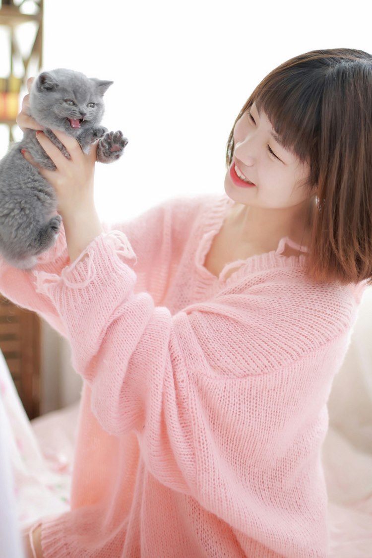 清纯少女粉色毛衣可爱养眼吸猫写真图片